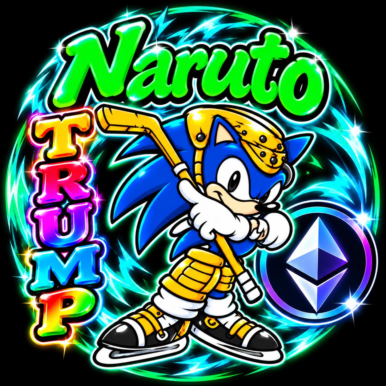 Naruto hockey Sonic mascot, rainbow Trump letters and an Ethereum diamond